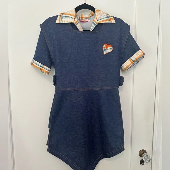 VINTAGE 3-pc 60s/70s denim/plaid print skirt/shirt/tunic set w/apple motif (S) - Picture 2 of 16